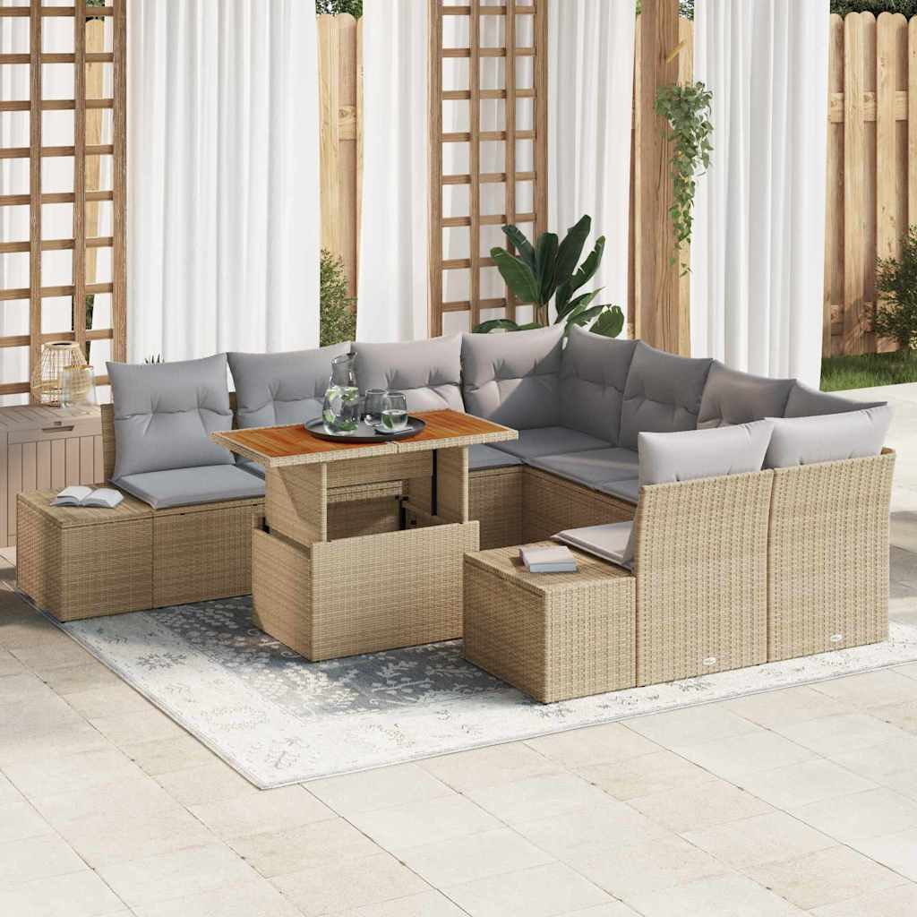 JUNG Vida Garten-Sofa-Set mit Speicher 9 pcs Beige Poly Rattan