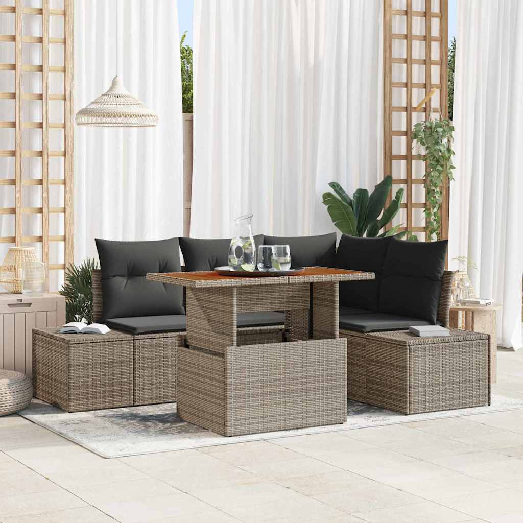 JUNG Vida Garten-Sofa-Set mit Speicher 5 pcs Grau Poly Rattan