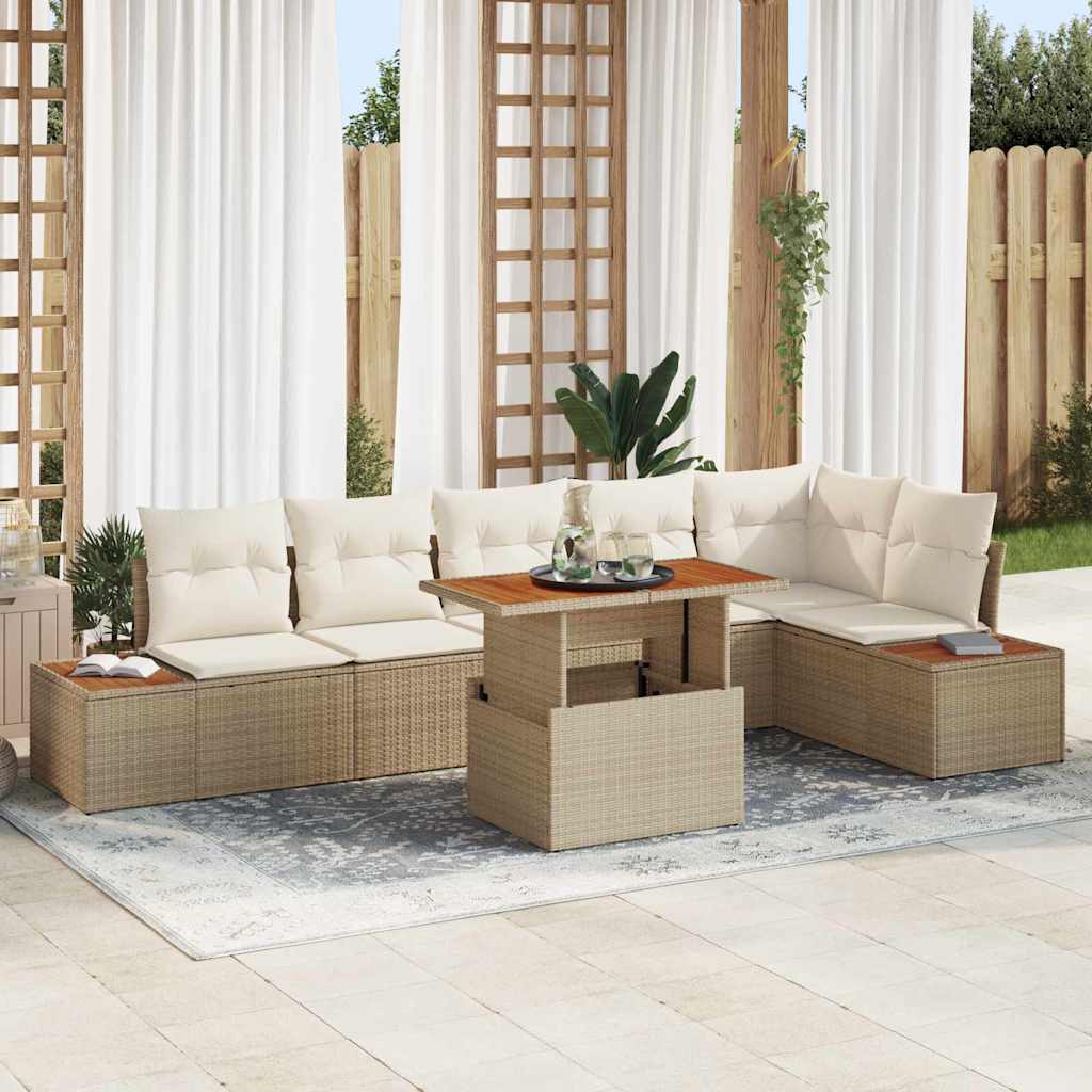 JUNG Vida Garten-Sofa-Set mit Speicher 7 pcs Beige Poly Rattan