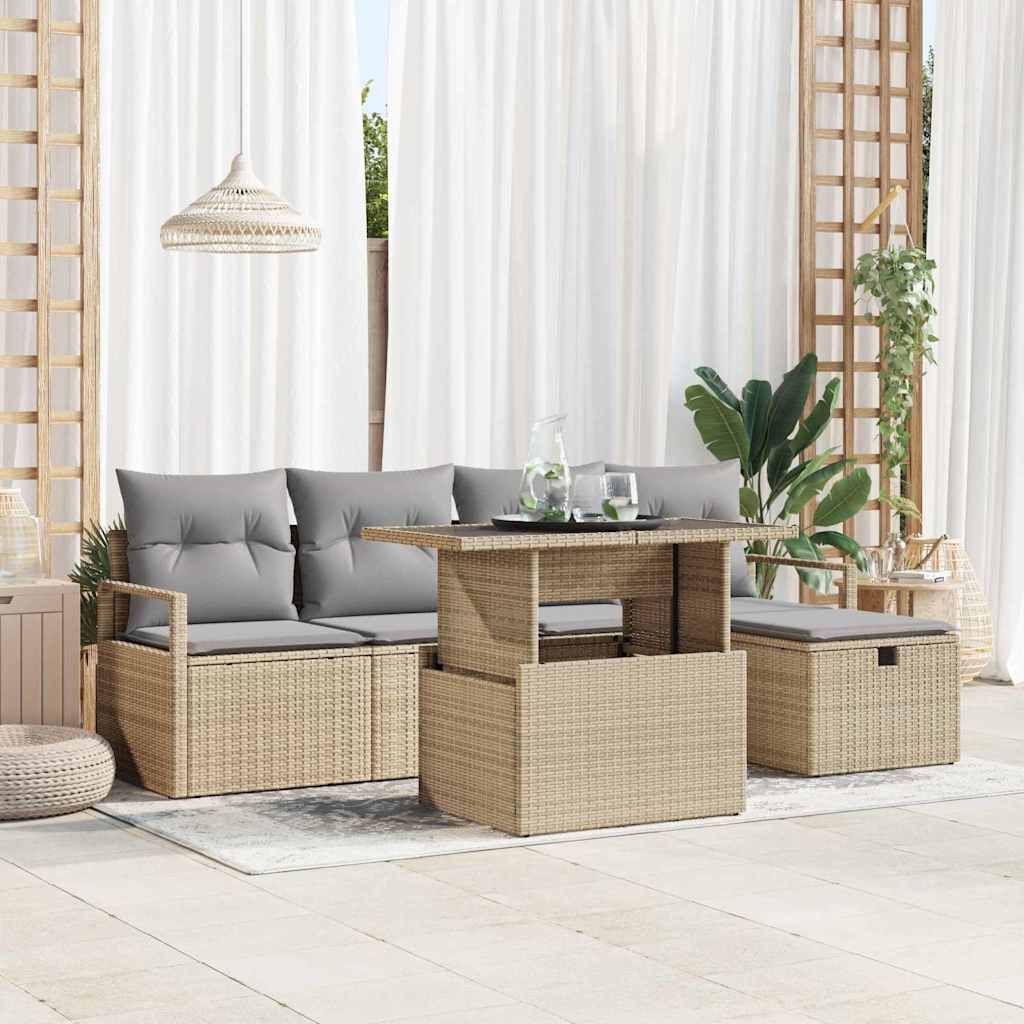 JUNG Vida Garten-Sofa-Set mit Kissen mit Speicher 6 pcs Beige Poly Rattan