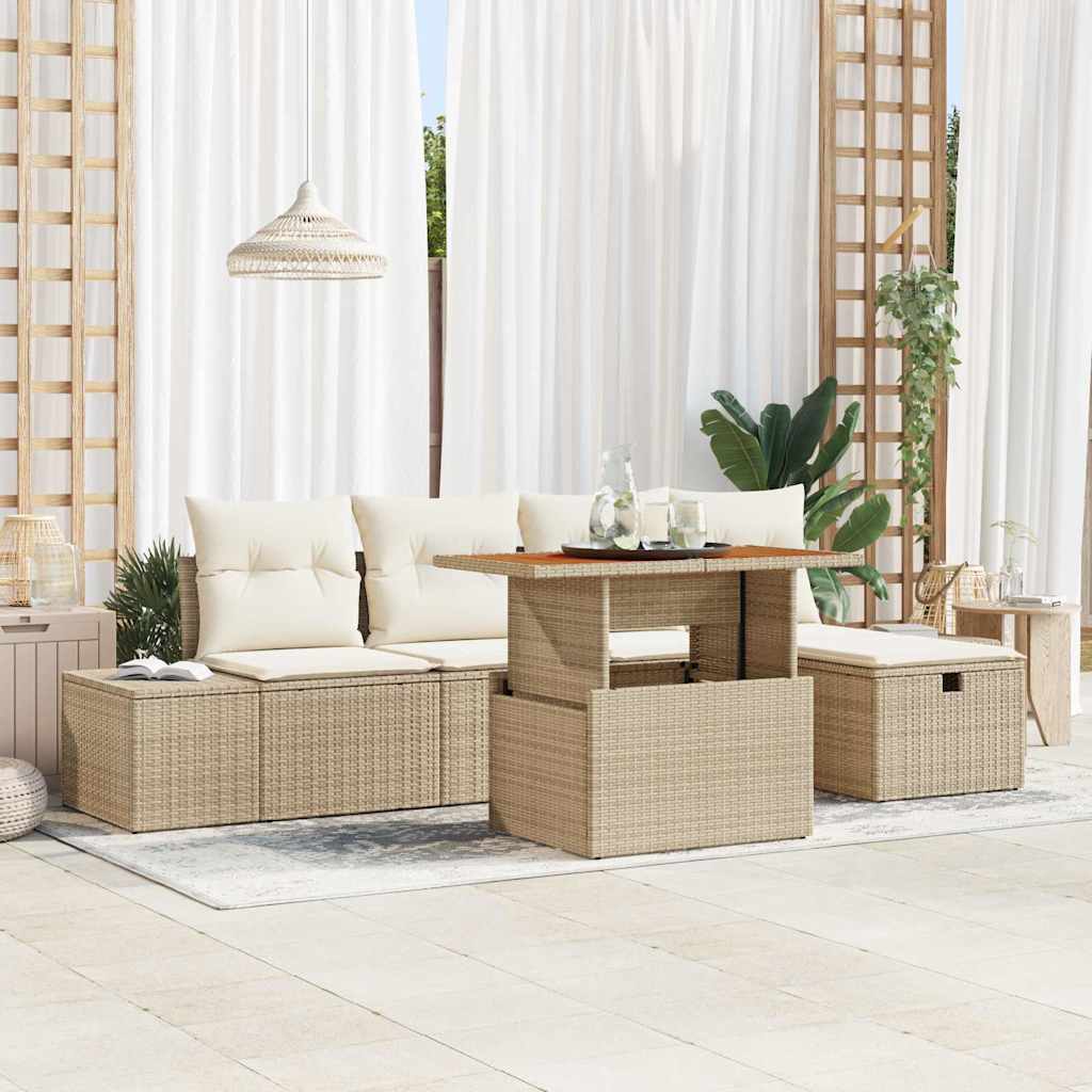 JUNG Vida Gartensofa-set mit Kissen mit Speicher 6 pcs Beige Poly-Rattan