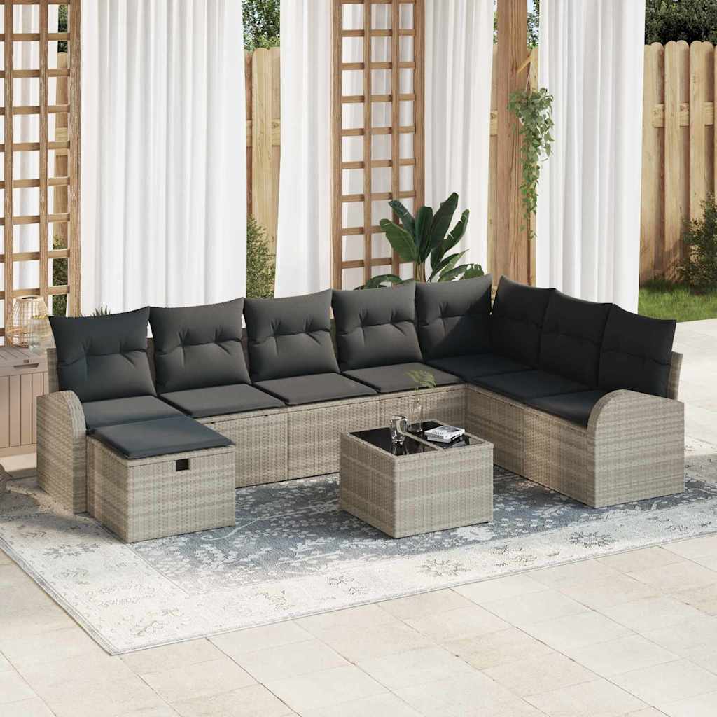 JUNG Vida Garten-Sofa-Set mit Kissen 9 pcs Hellgrau Poly Rattan