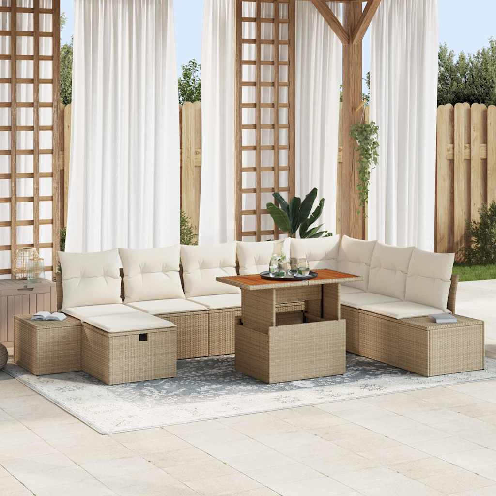 JUNG Vida Garten-Sofa-Set mit Speicher 9 pcs Beige Poly Rattan