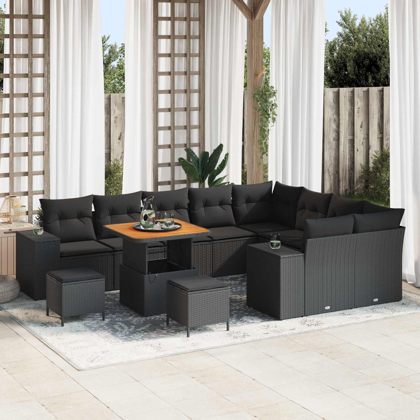 JUNG Vida Gartensofa-set mit Kissen 12 pcs Schwarz Poly-Rattan