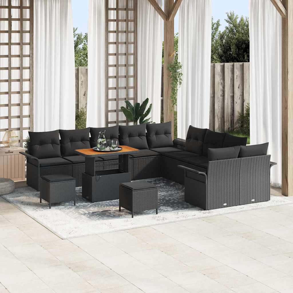 JUNG Vida Gartensofa-set mit Kissen 13 pcs Schwarz Poly-Rattan