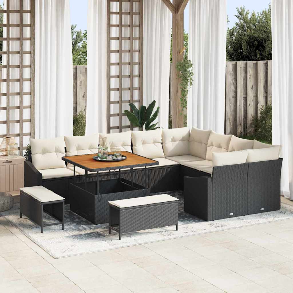 JUNG Vida Gartensofa-set mit Kissen 12 pcs Schwarz Poly-Rattan