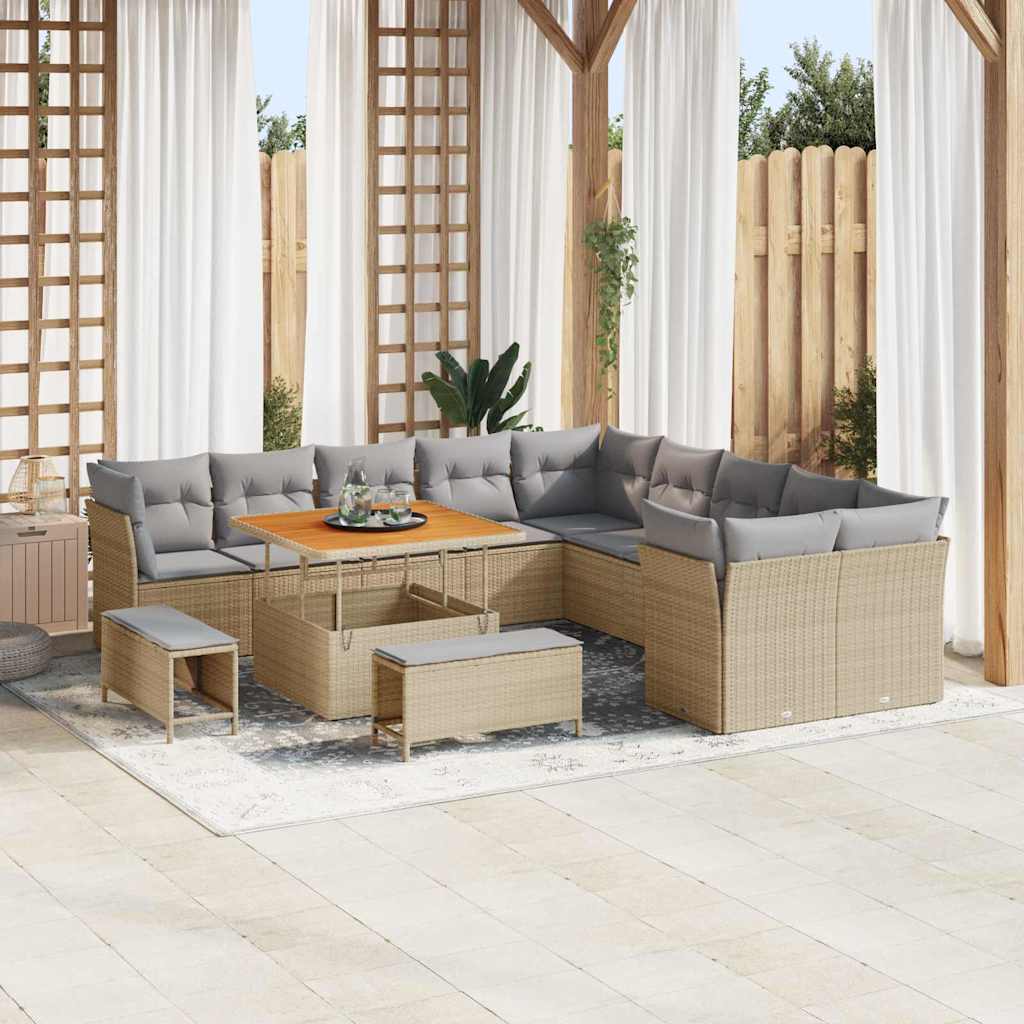 JUNG Vida Gartensofa-set mit Kissen 13 pcs Beige und Hellgrau Poly-Rattan