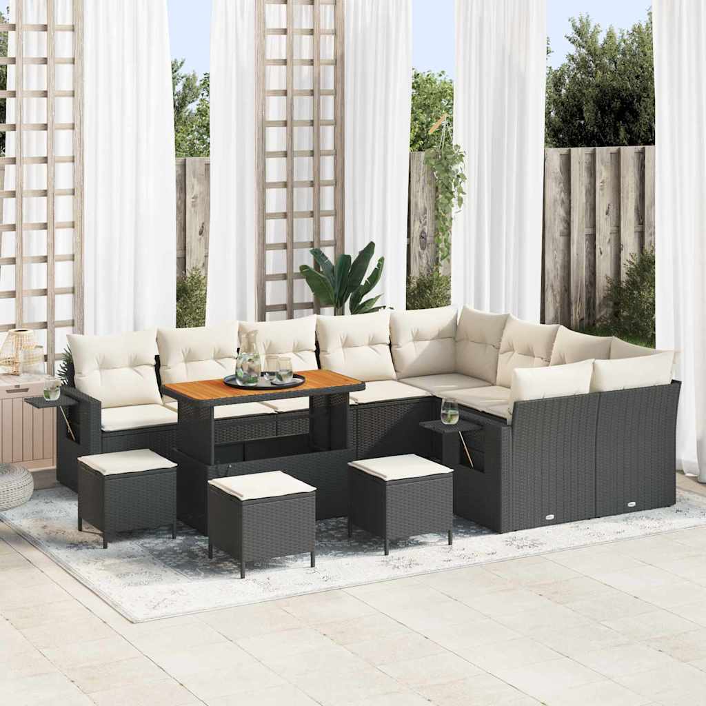 JUNG Vida Gartensofa-set mit Kissen 13 pcs Schwarz und Creme Poly-Rattan