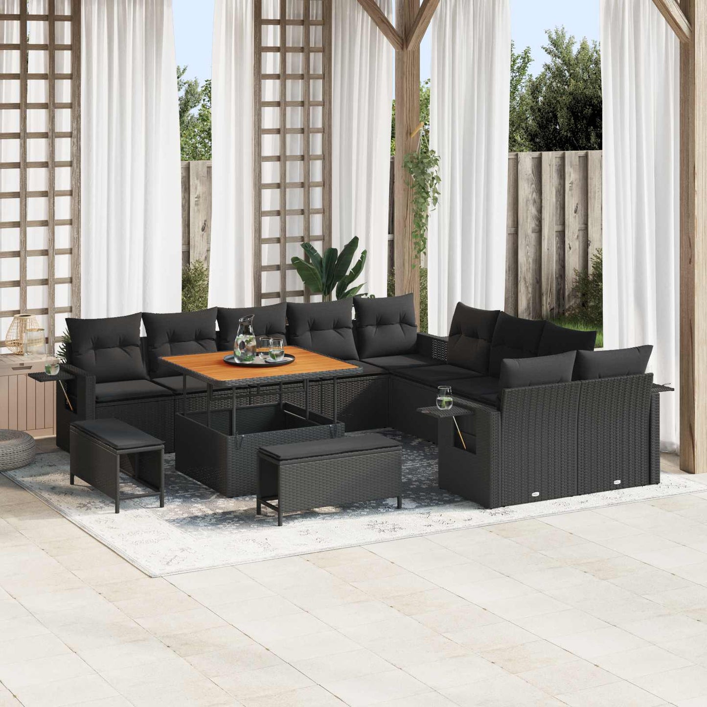JUNG Vida Gartensofa-set mit Kissen 13 pcs Schwarz Poly-Rattan