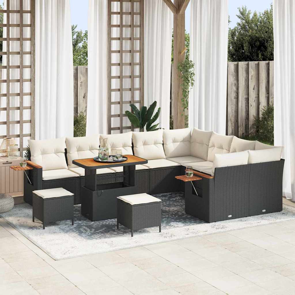 JUNG Vida Gartensofa-set mit Kissen 13 pcs Schwarz und Creme Poly-Rattan