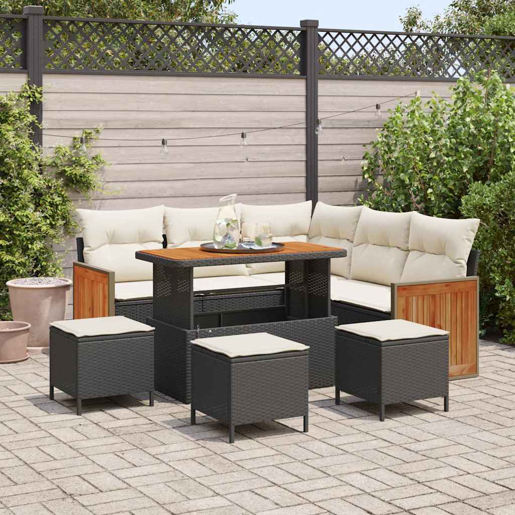 JUNG Vida Gartensofa-set mit Kissen 9 pcs Schwarz und Creme Poly-Rattan
