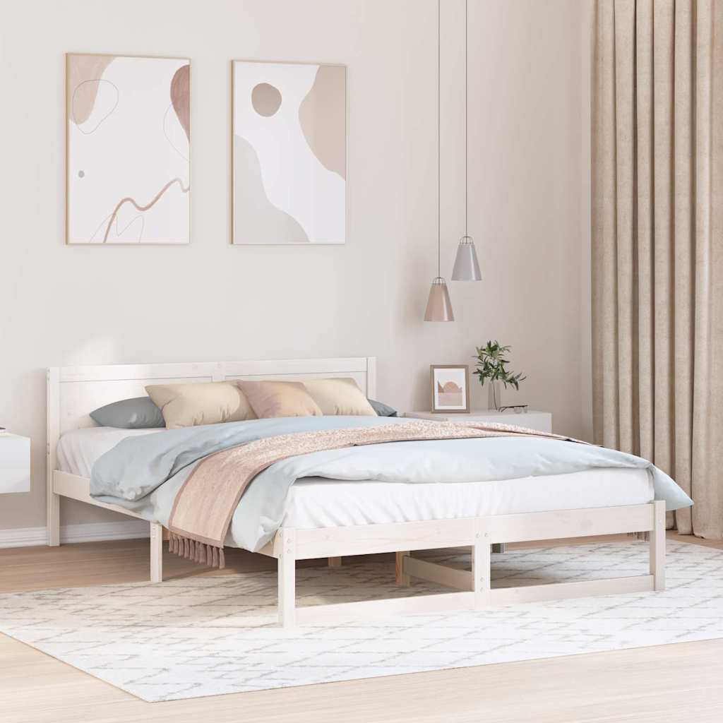 JUNG Vida Bettrahmen mit Kopfteil Weiß 150 x 200 cm Massives Kiefernholz