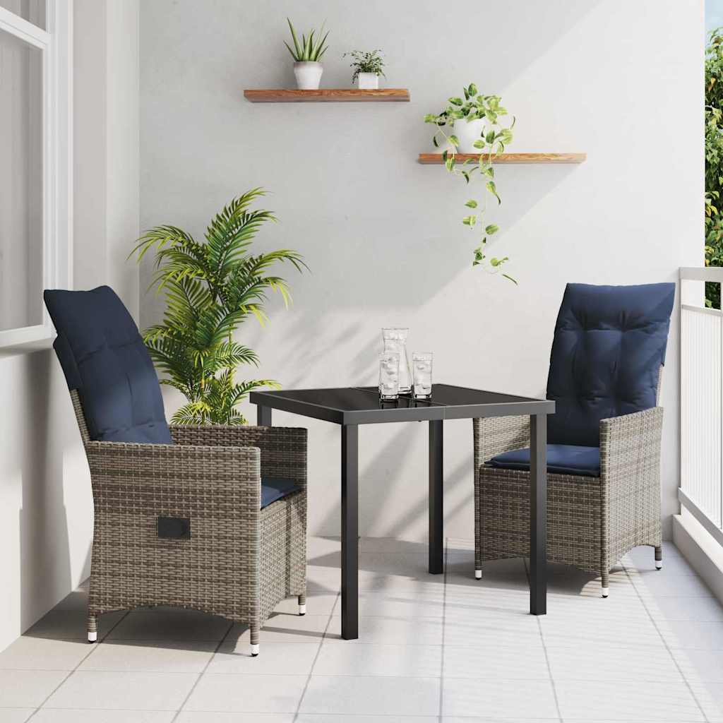 JUNG Vida Tisch- und Stuhlset mit Kissen 3 pcs Grau PE-Rattan