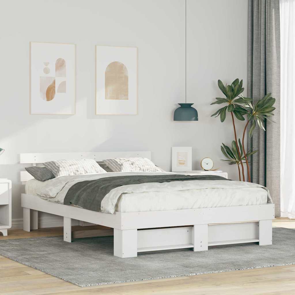 JUNG Vida Bettrahmen mit Kopfteil Weiß 150 x 200 cm Massives Kiefernholz