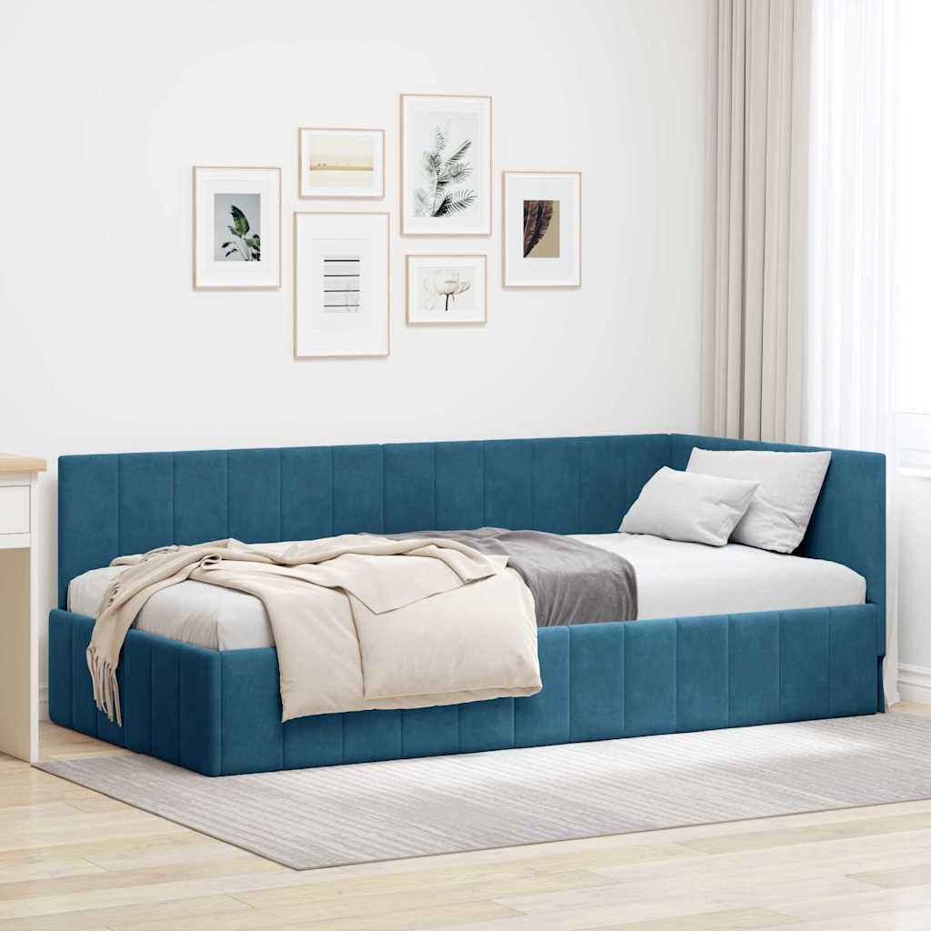 JUNG Vida Eckbettgestell mit Kopfteil Blau 90 cm x 200 cm Samt
