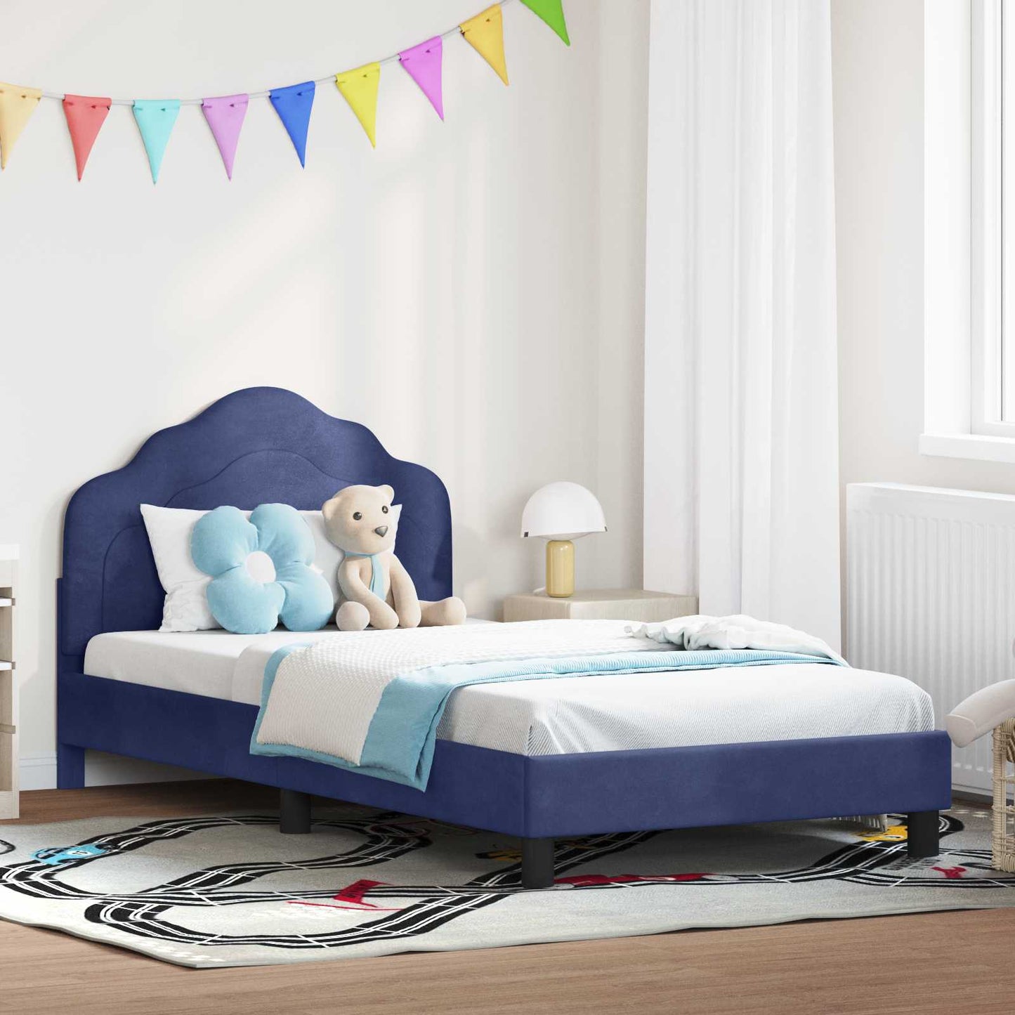 JUNG Vida Kinderbettgestell mit Kopfteil Polizeiblau 90 x 200 cm Samt