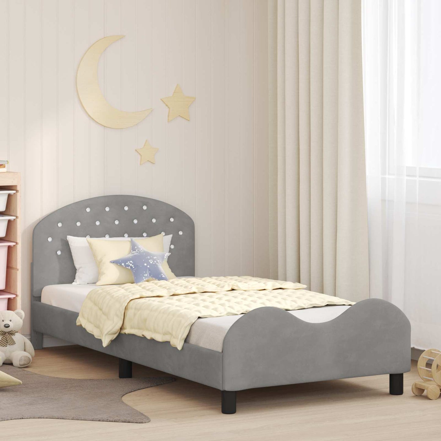 JUNG Vida Kinderbettgestell mit Kopfteil Hellgrau 90 x 190 cm Samt