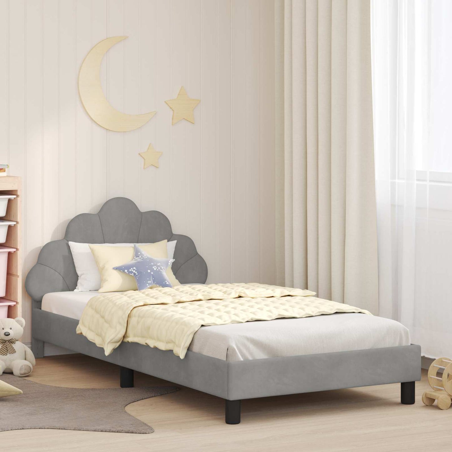 JUNG Vida Kinderbettgestell mit Kopfteil Hellgrau 90 x 200 cm Samt