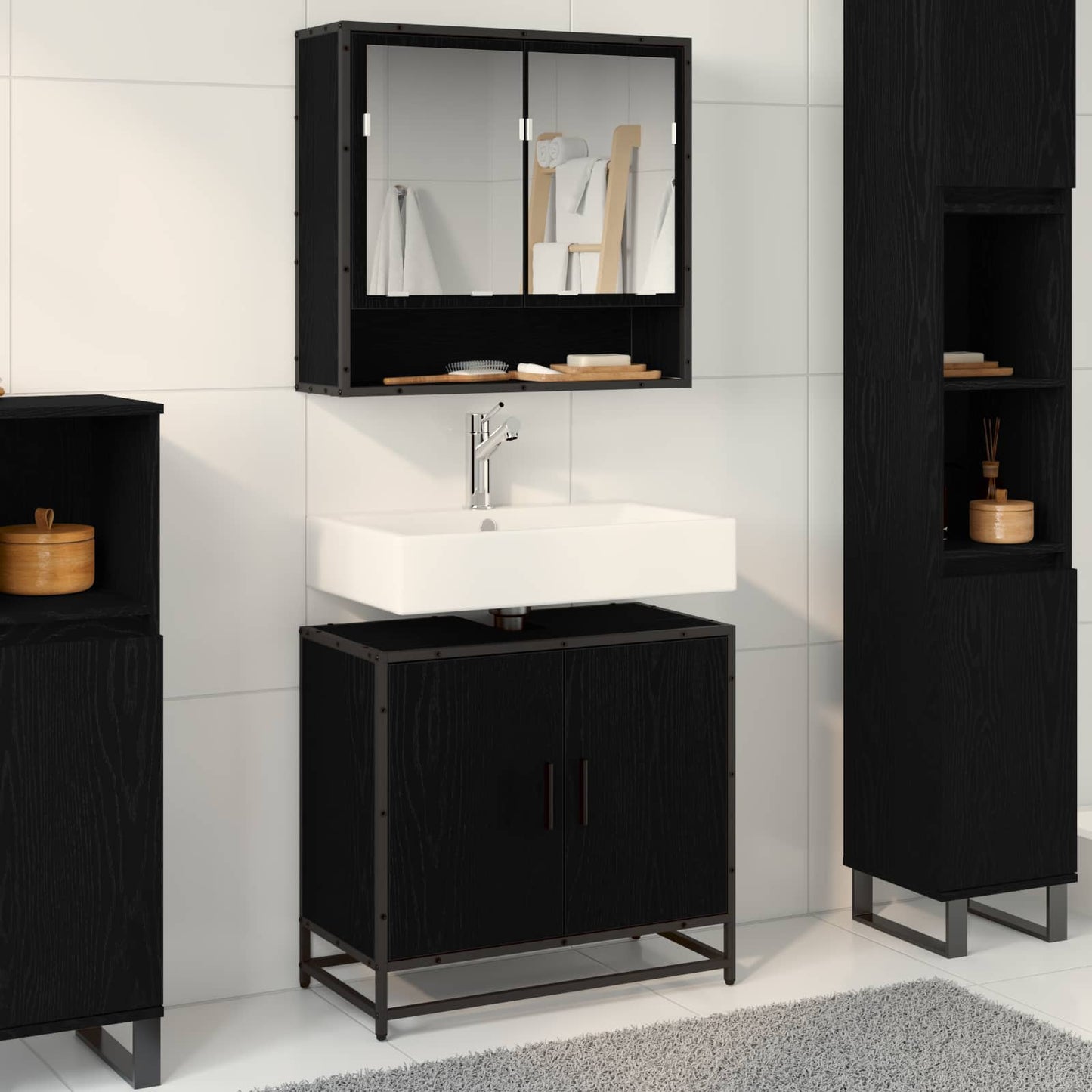 JUNG Vida Waschbeckenschrank mit Tür Schwarz Eichen-Optik 65 x 33 x 60 cm