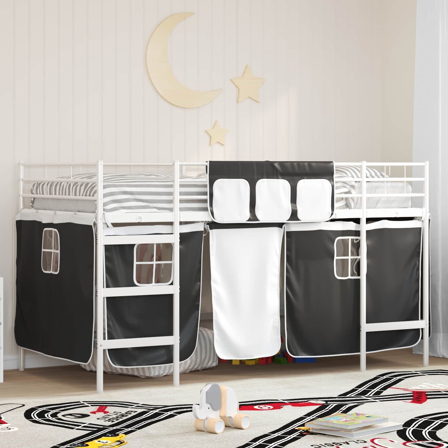 JUNG Vida Kinder Loft Bettgestell mit Vorhängen Weiß und Schwarz