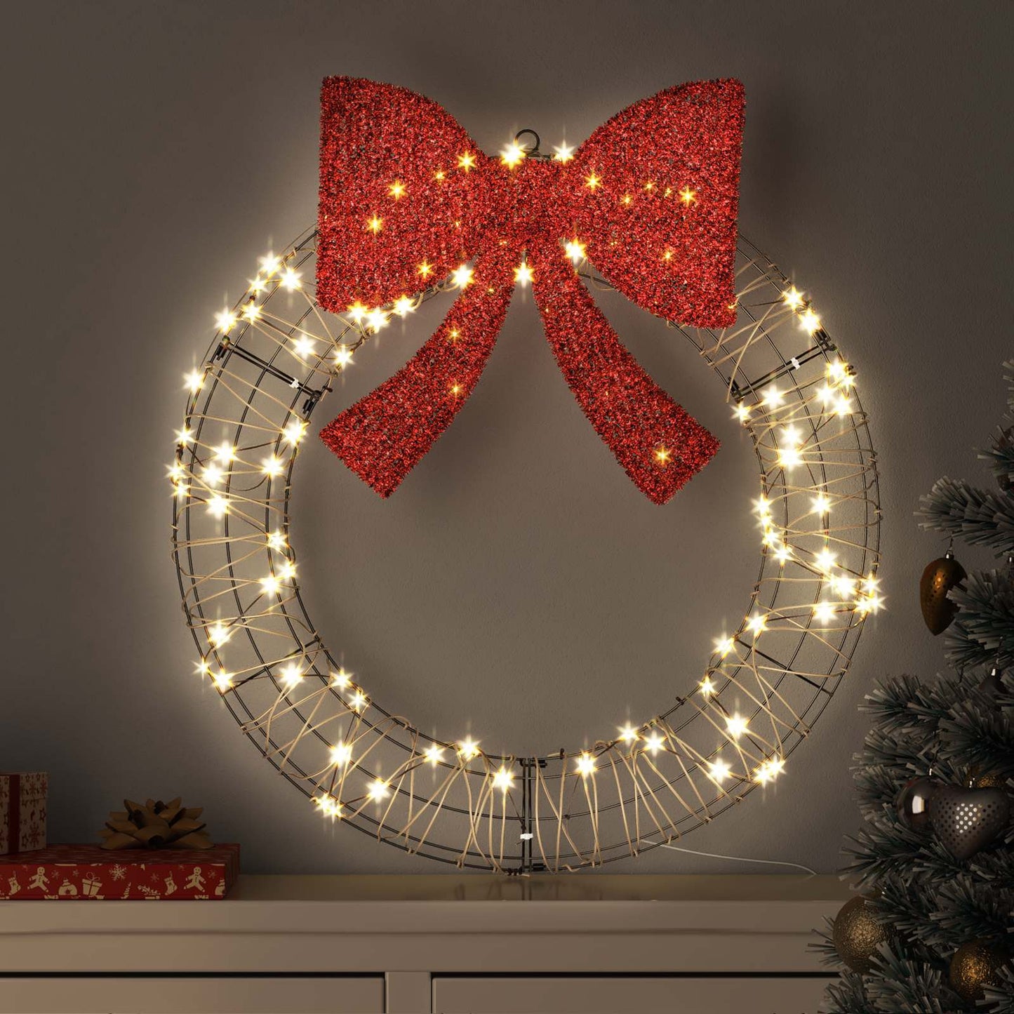 JUNG Vida Kranz mit 60 LEDs Warmweiß 75 cm Rattan