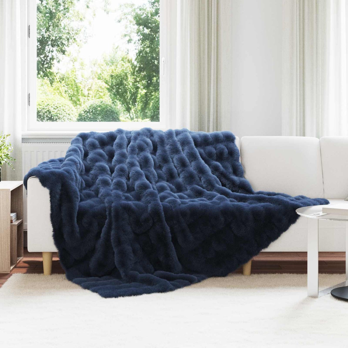 JUNG Vida Kunstfell Kaninchenfell Decke Marineblau 220 x 240 cm Polyester