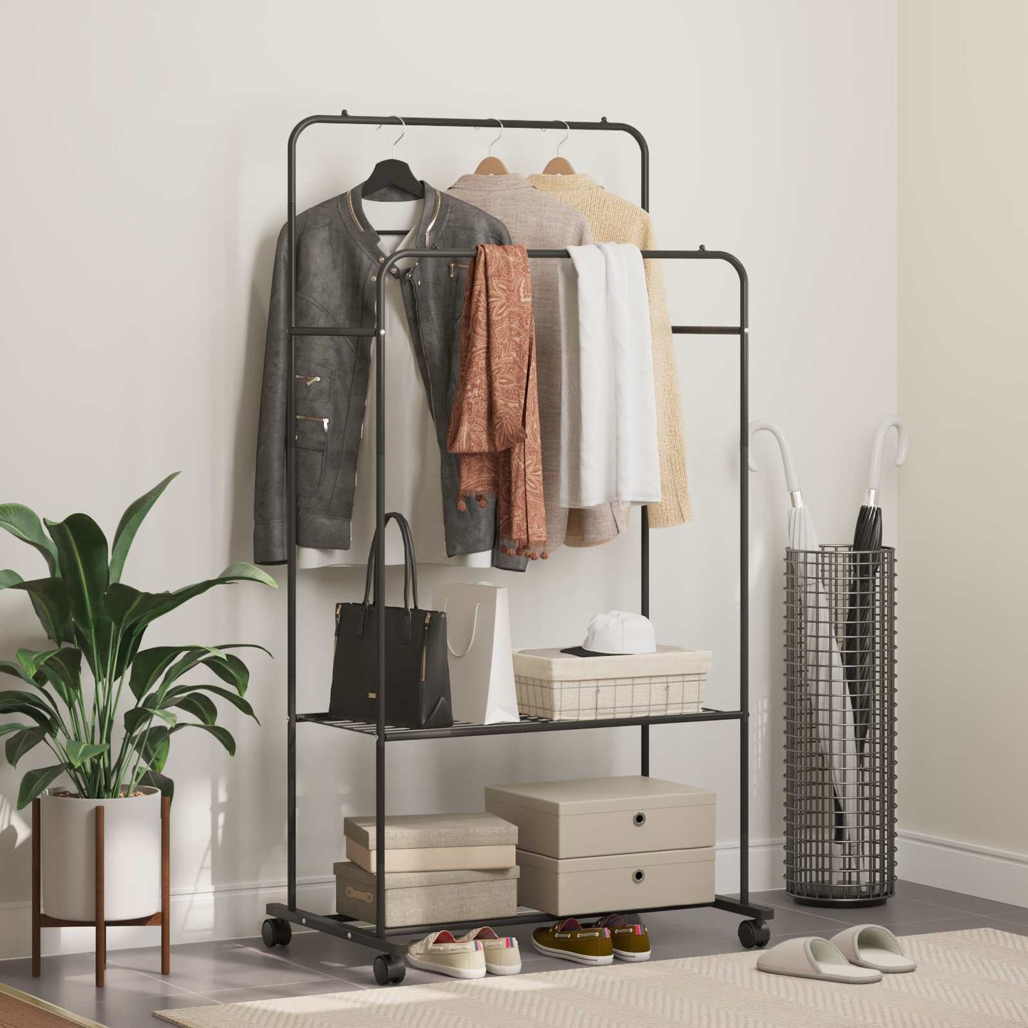 JUNG Vida Kleiderständer mit Regal Mit Rad Schwarz 80 x 53 x 156 cm