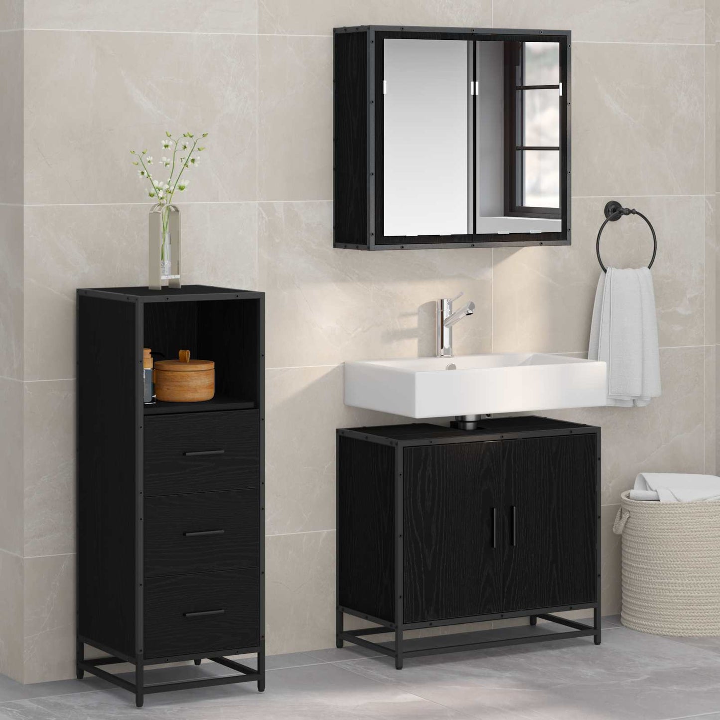JUNG Vida Badezimmermöbel-Set 3 pcs Schwarz Eichen-Optik Holzwerkstoff