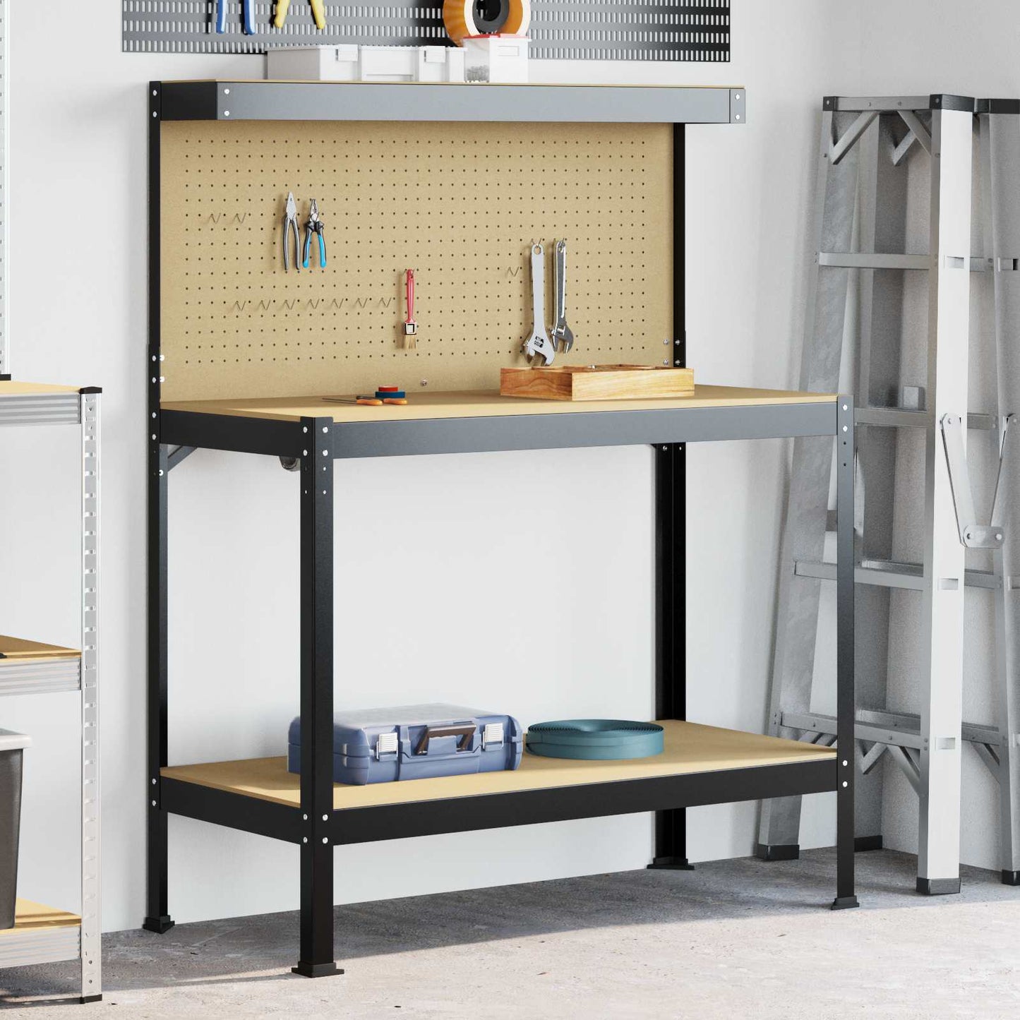 JUNG Vida Werkbänke mit Regal Schwarz 114 x 54 x 145 cm Holzwerkstoff