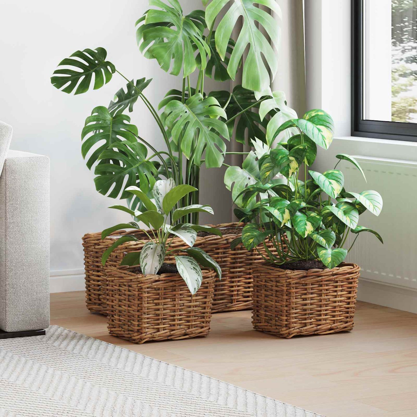 JUNG Vida Blumentopfkorb mit Speicher 3 pcs Braun Kubu Rattan