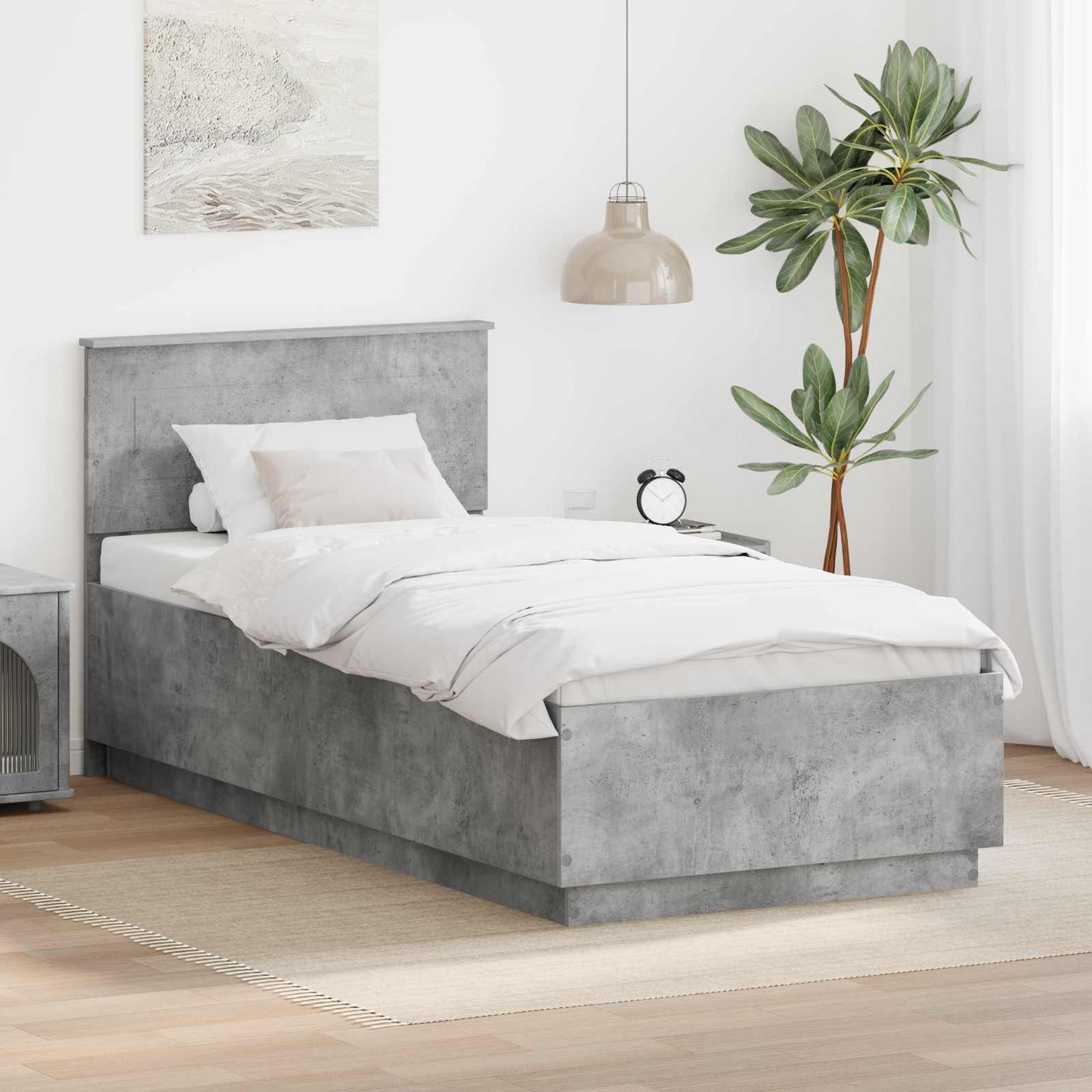 JUNG Vida Bettrahmen mit Kopfteil Beton Grau 90 x 200 cm Holzwerkstoff