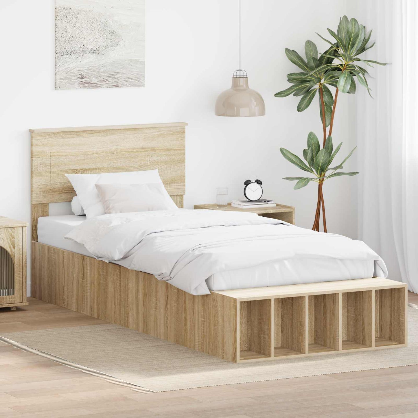 JUNG Vida Bettrahmen mit Regal Sonoma-Eiche 100 x 200 cm Holzwerkstoff