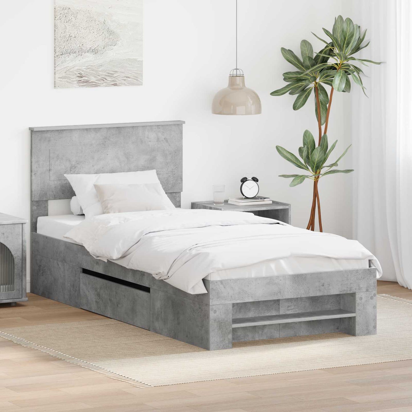 JUNG Vida Bettrahmen mit Kopfteil Beton Grau 90 x 200 cm Holzwerkstoff