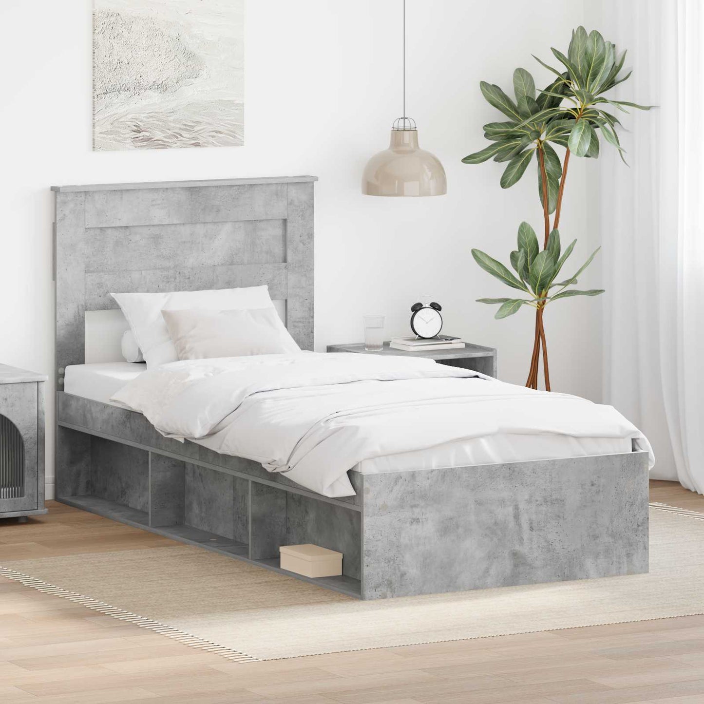 JUNG Vida Bettrahmen Beton Grau 90 x 190 cm Massives Kiefernholz