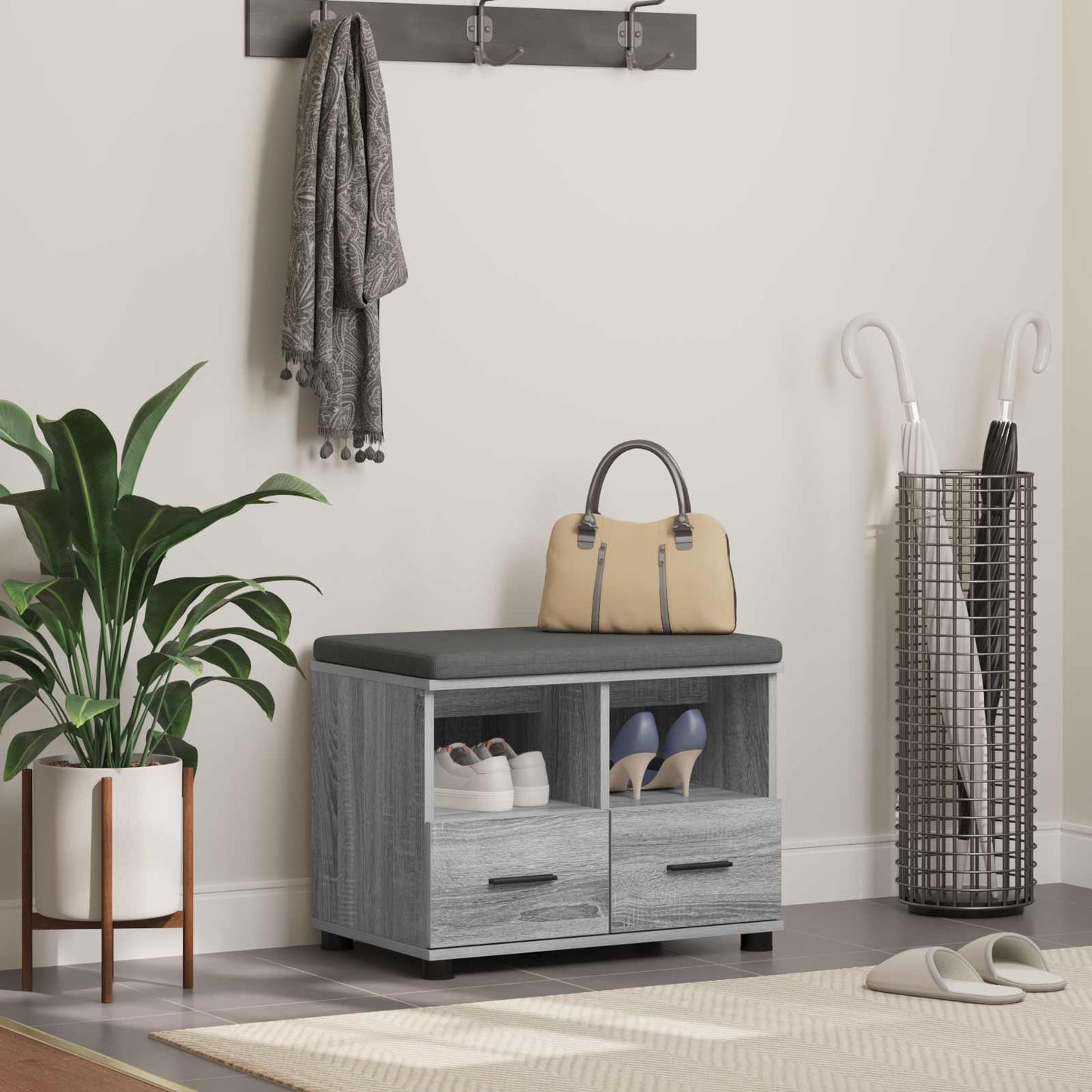JUNG Vida Flurbank mit Kissen mit Speicher Graues Sonoma 60 x 38 x 46 cm