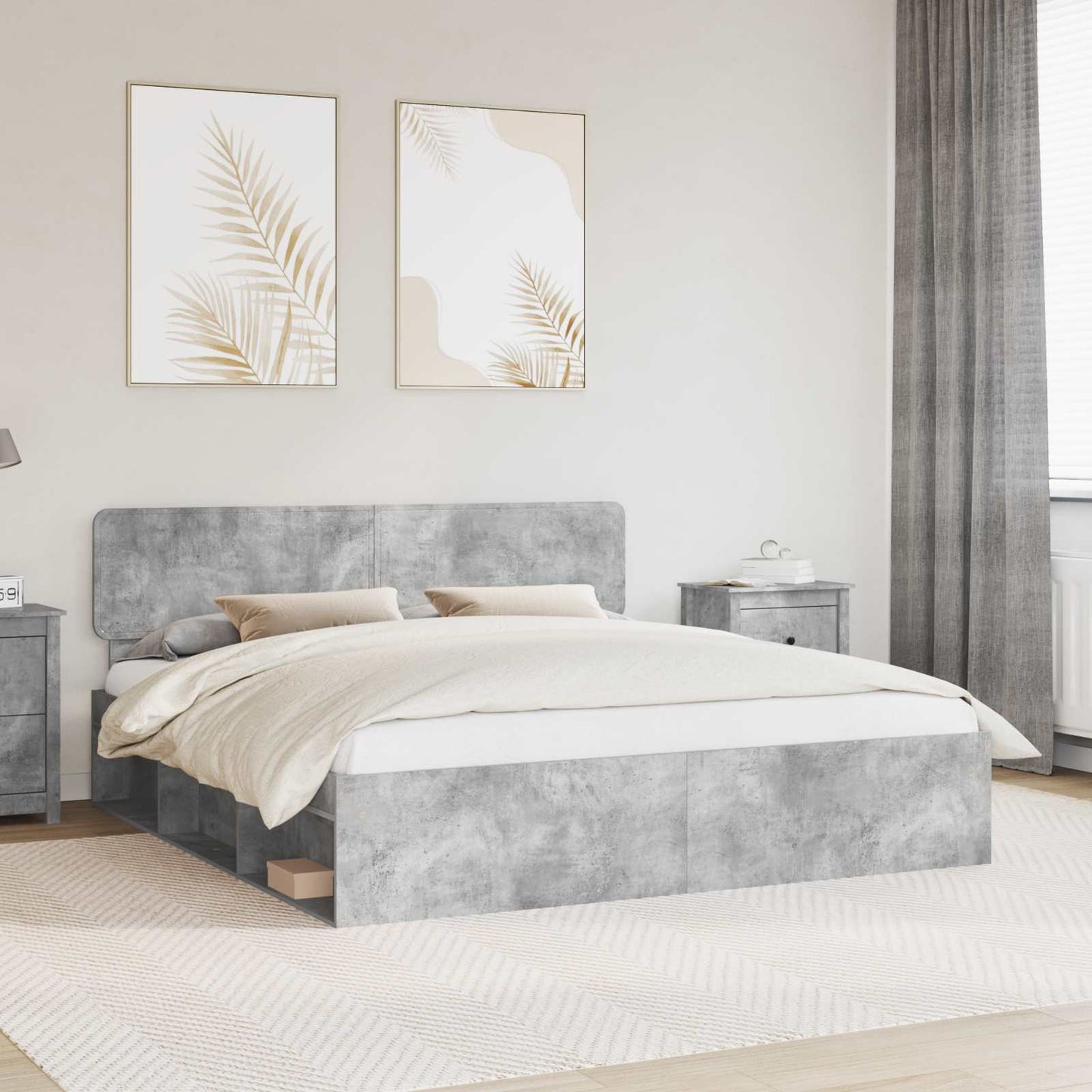 JUNG Vida Bettrahmen mit Kopfteil Beton 180 x 200 cm Massives Kiefernholz