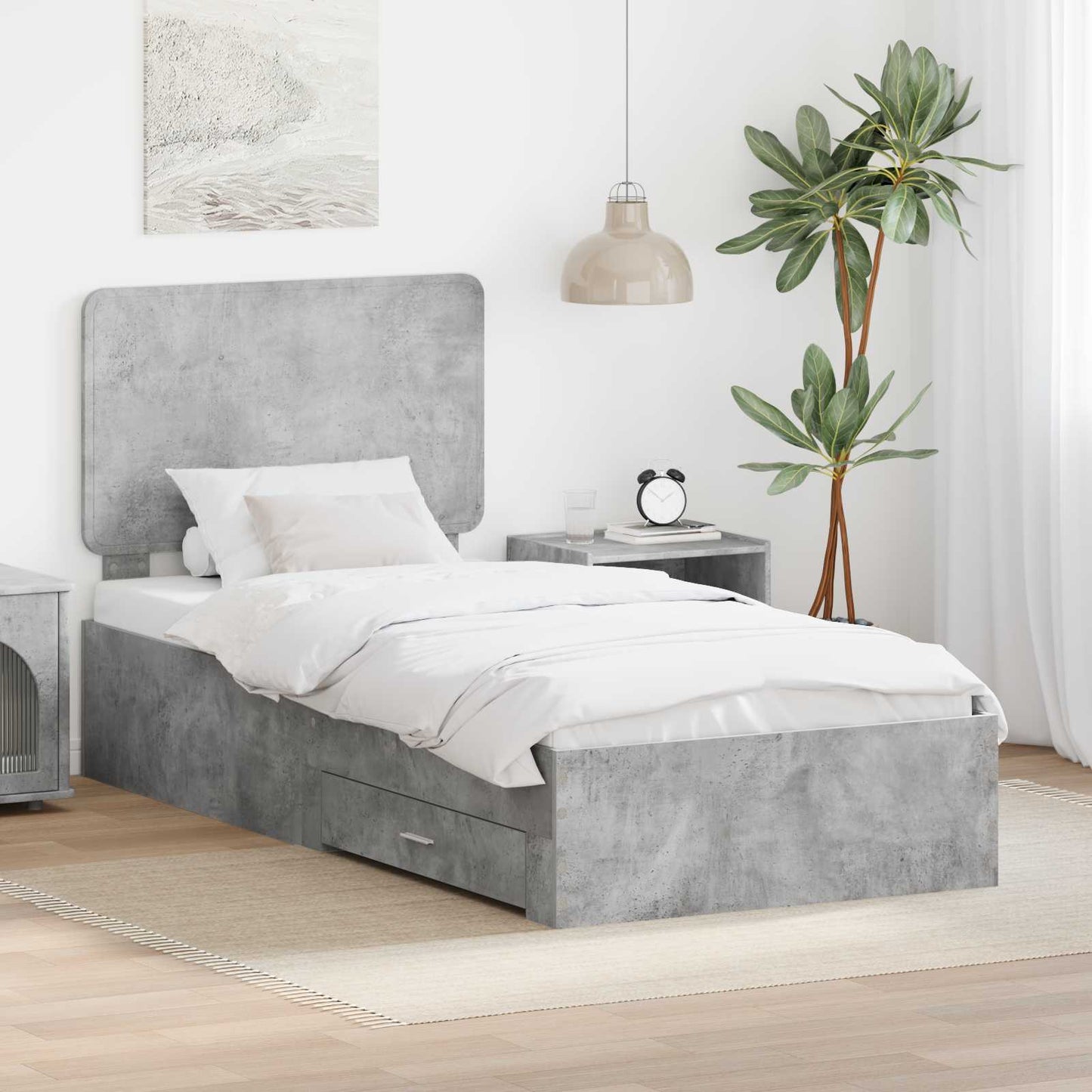 JUNG Vida Bettrahmen mit Kopfteil Beton Grau 100 x 200 cm Holzwerkstoff