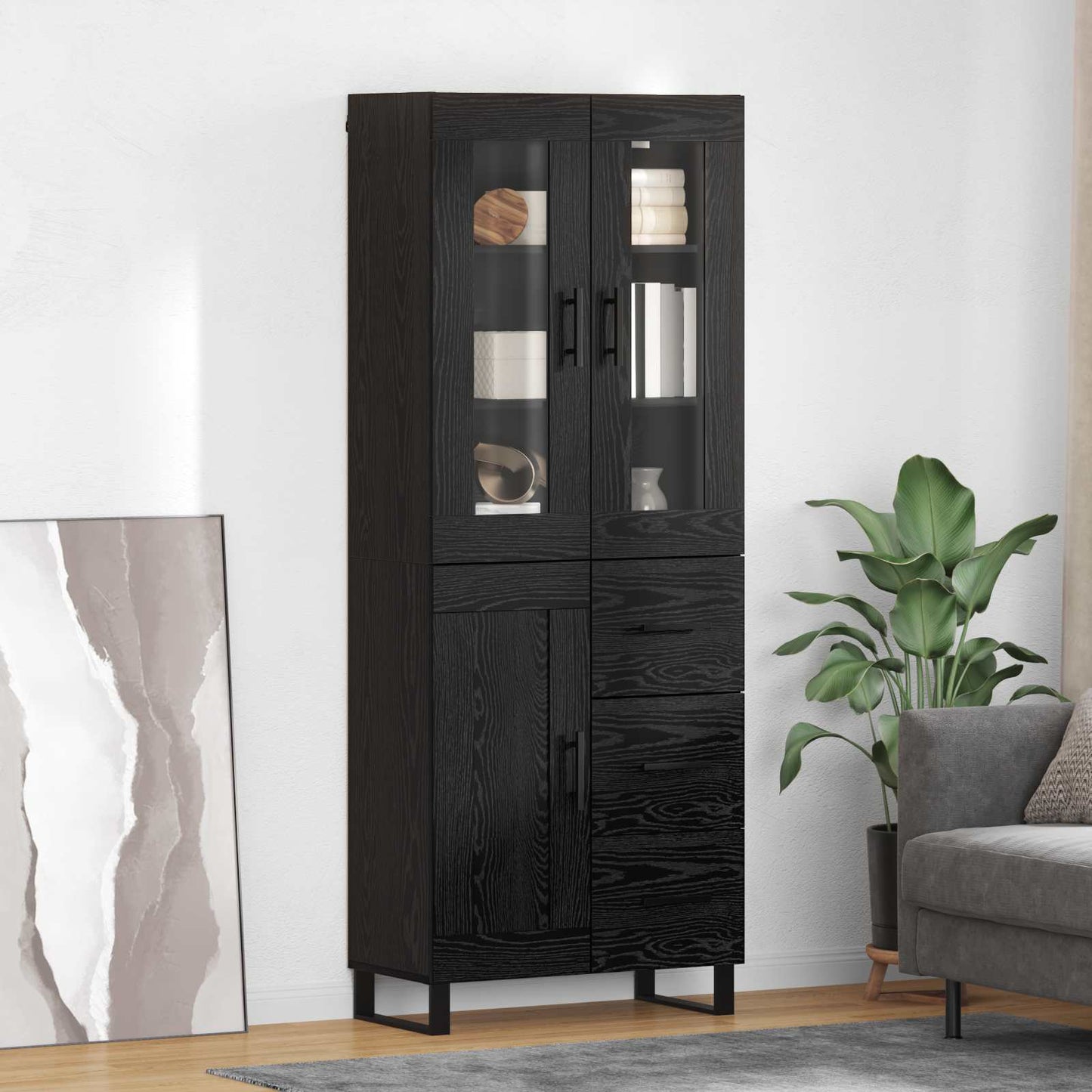 JUNG Vida Highboard 2 pcs Schwarz Eichen-Optik Engineered Wood und Glas