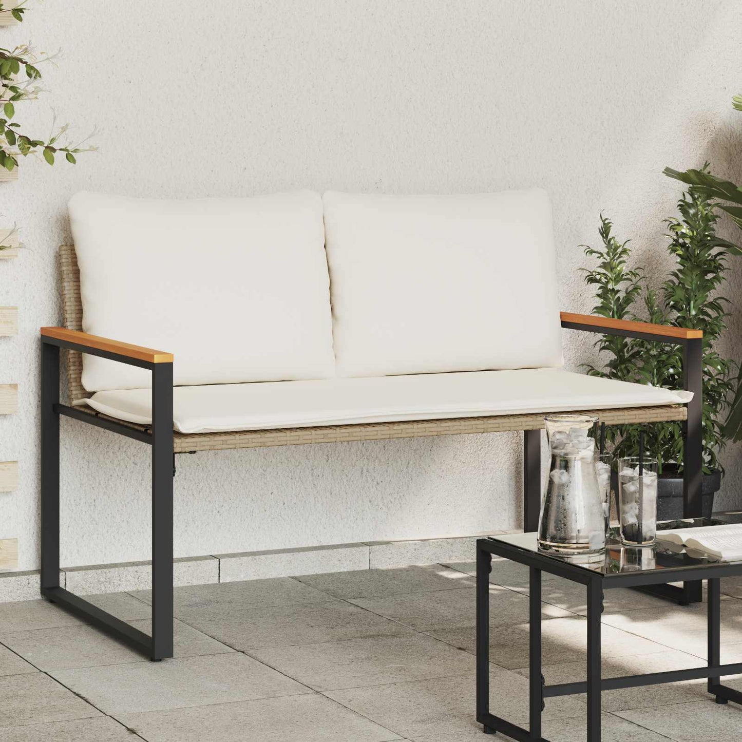JUNG Vida Bank mit Kissen Beige und Cremeweiß 115 x 65 x 72 cm Rattan