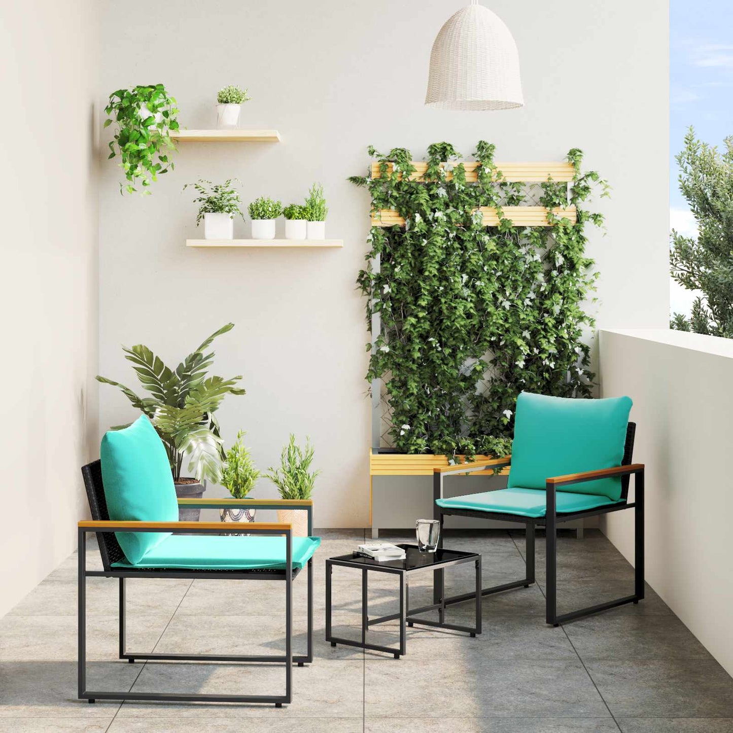 JUNG Vida Möbelsets mit Kissen 3 pcs Schwarz und Türkis Rattan