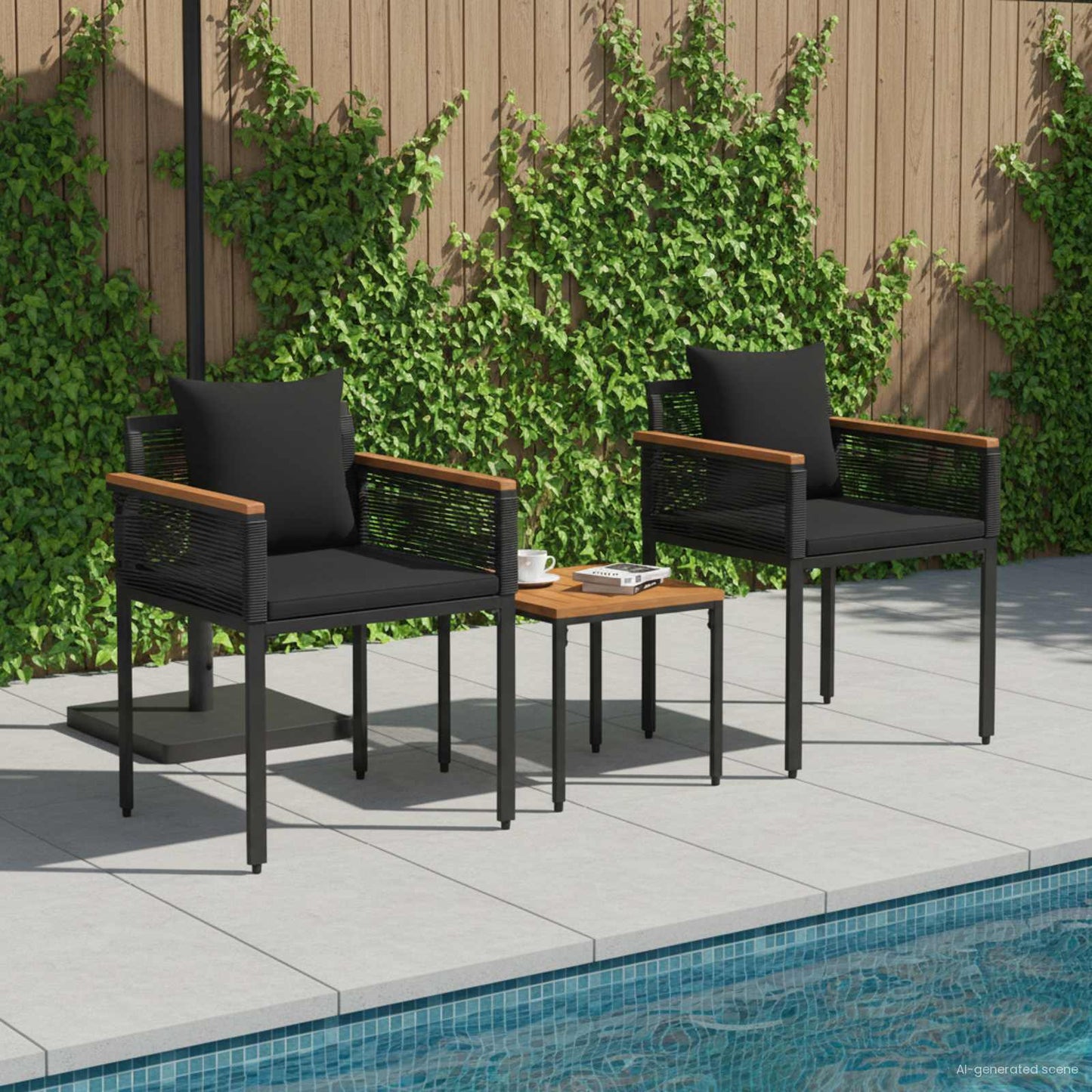 JUNG Vida Gartenmöbel Set mit Kissen 3 pcs Schwarz PE-Rattan