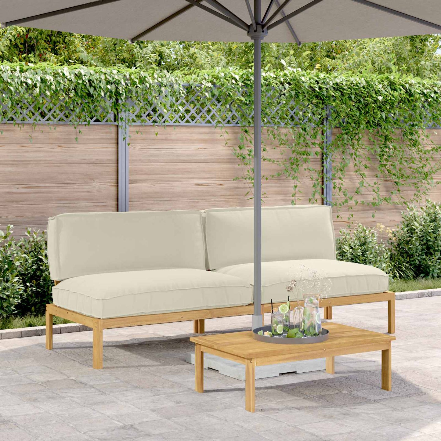 JUNG Vida Sofa Set mit Kissen Creme 240 x 92 x 69 cm Massivholz Akazie
