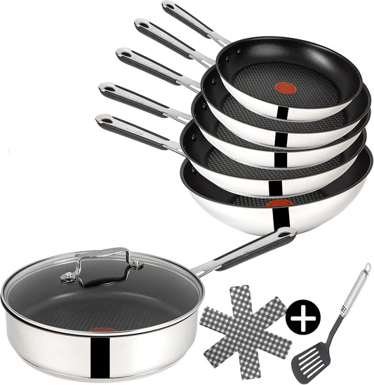 Tefal E30 Jamie Oliver Set 19 Induktionsgeeignetes 9-teiliges Pfannen-Set mit Wok, Schmorpfanne, Bratpfannen in 20/24/28 cm, Antihaftbeschichtung, Thermospot, Edelstahl-Pfannenset für alle Herdarten