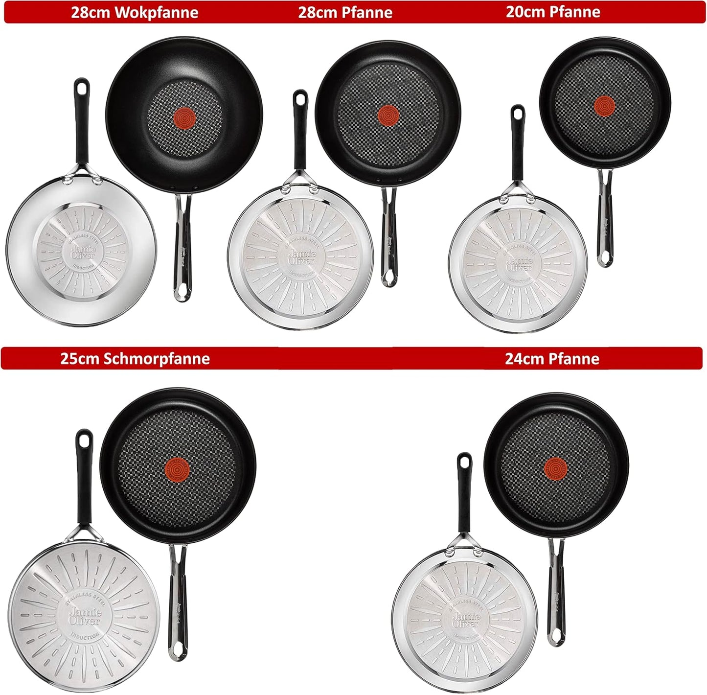 Tefal E30 Jamie Oliver Set 19 Induktionsgeeignetes 9-teiliges Pfannen-Set mit Wok, Schmorpfanne, Bratpfannen in 20/24/28 cm, Antihaftbeschichtung, Thermospot, Edelstahl-Pfannenset für alle Herdarten