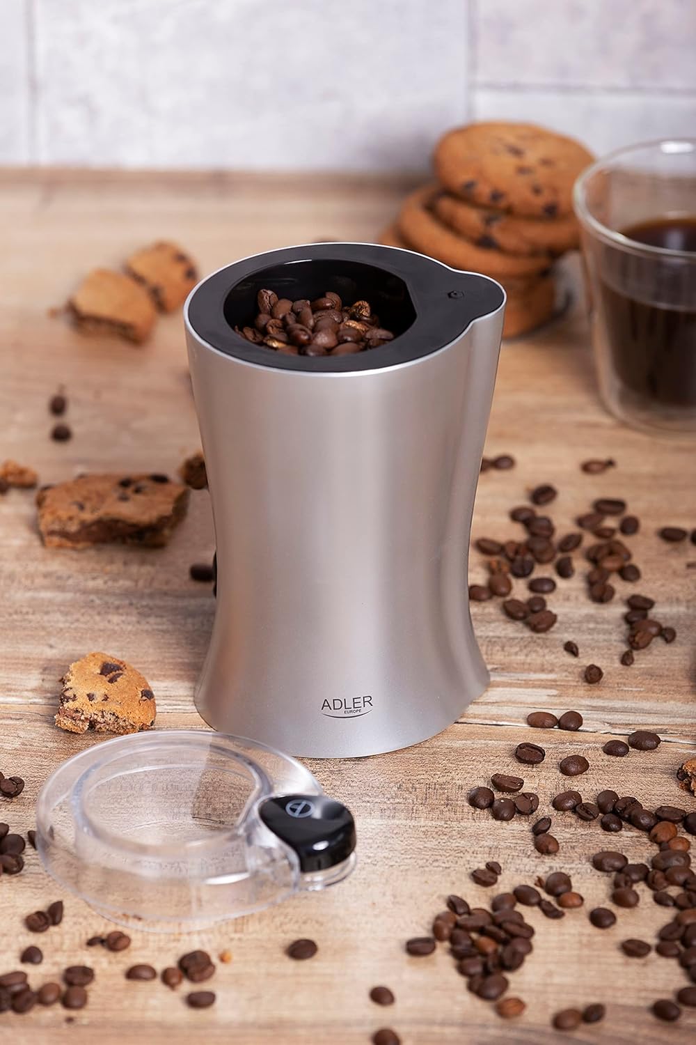 JUNG ADLER AD443 elektrische Kaffeemühle 150W grau Kaffeebohnenmühle Edelstahlmesser kompakt leise 70g Füllmenge Sicherheitsdeckel Kaffeemühle für Espresso Kaffee Latte Mokka Küchenmühle
