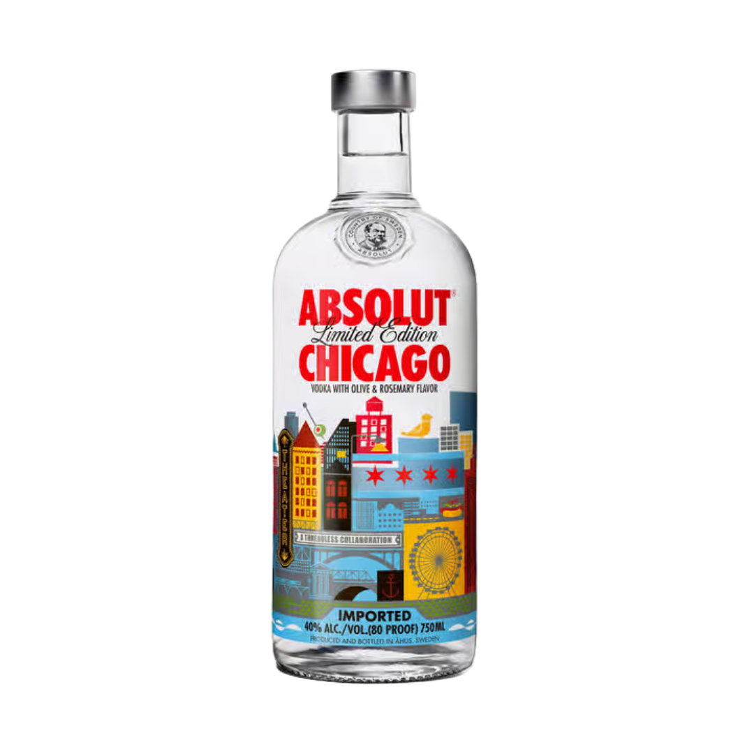 Absolut Vodka Chicago 0,75L mit TAG -  Limited Edition 2013 - mit Olive und Rosmarin Geschmack, Künstlerdesign von Ross Bruggink, Aromatisierter Premium Wodka, Sammlerflasche aus den USA