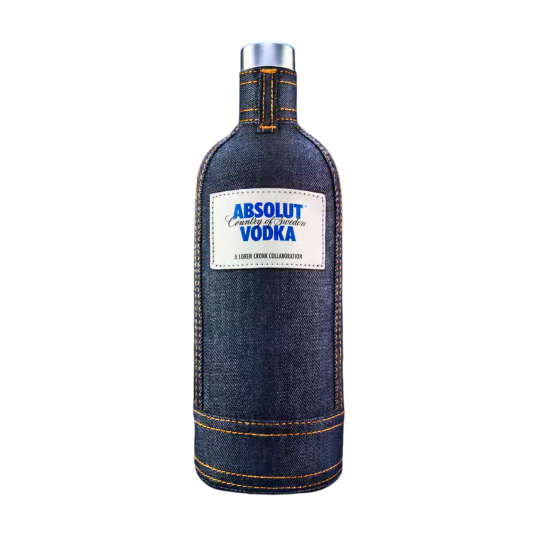 Absolut Vodka Denim 1L - Limited Edition 2013 – Absolut Wodka in exklusiver Denim-Hülle mit Kälteschutz – Streetfashion-Design von Loren Cronk – Sammleredition – 40% Vol