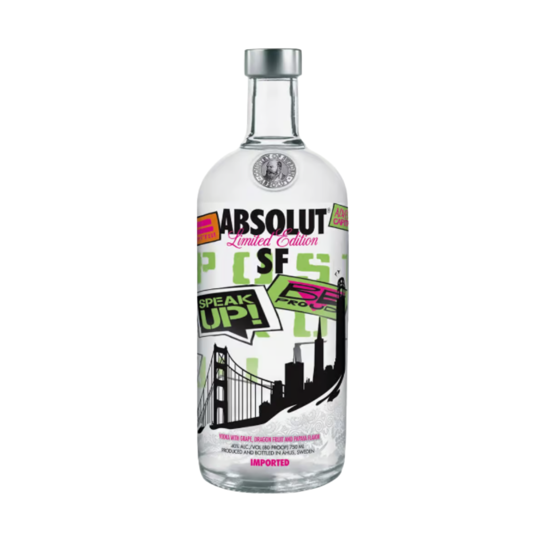 Absolut Vodka San Francisco 0,75L - Normalverschluss Limited Edition 2011 mit Trauben Drachenfrucht Papaya Geschmack, Hochwertiger Aromatisierter Wodka, Sammlerstück, 40% Vol. USA