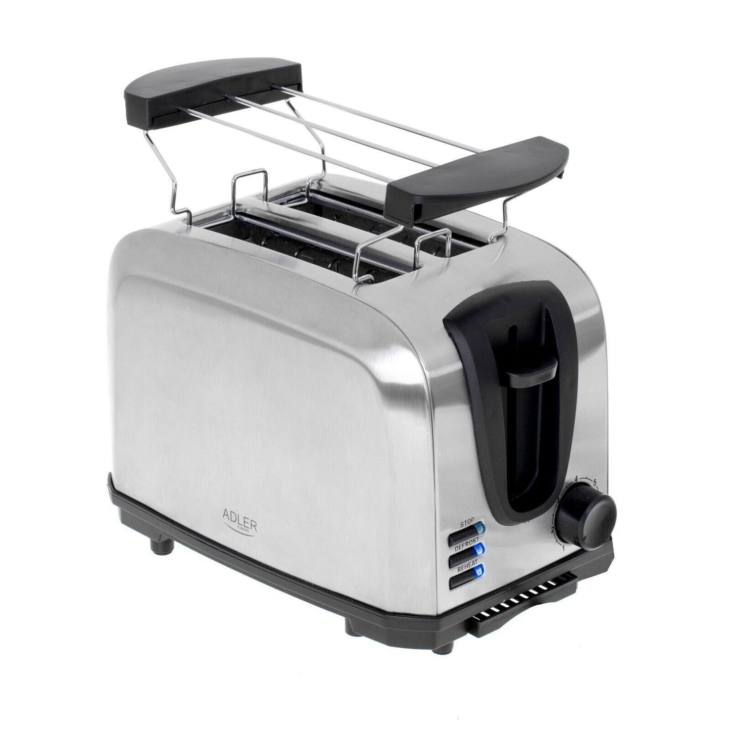 ADLER AD3222 Edelstahl Toaster 2 Scheiben, Brötchenaufsatz, 1000W Leistung, 7 Bräunungsstufen, Auftaufunktion, Röstfunktion, Stoppfunktion, Krümelschublade, Kabelaufbewahrung, sicherer Toastauswurf