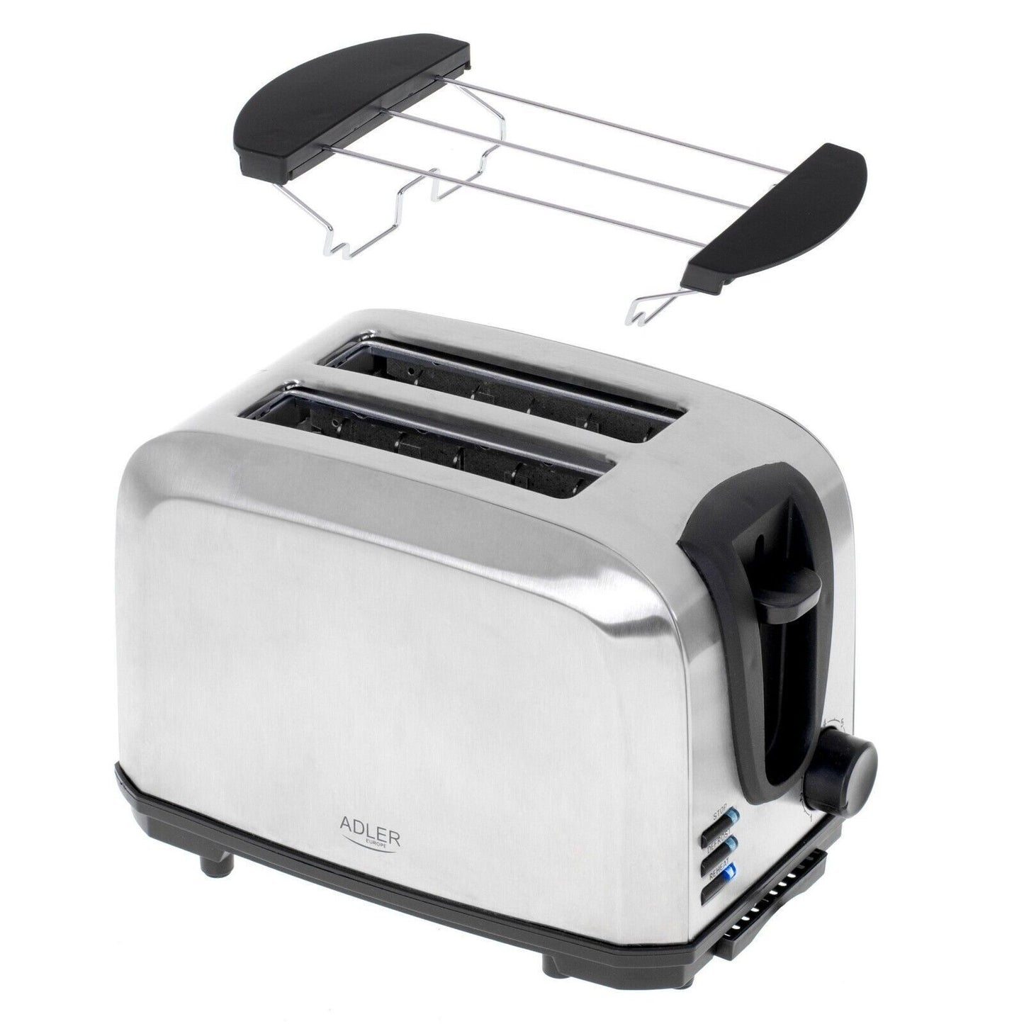 ADLER AD3222 Edelstahl Toaster 2 Scheiben, Brötchenaufsatz, 1000W Leistung, 7 Bräunungsstufen, Auftaufunktion, Röstfunktion, Stoppfunktion, Krümelschublade, Kabelaufbewahrung, sicherer Toastauswurf